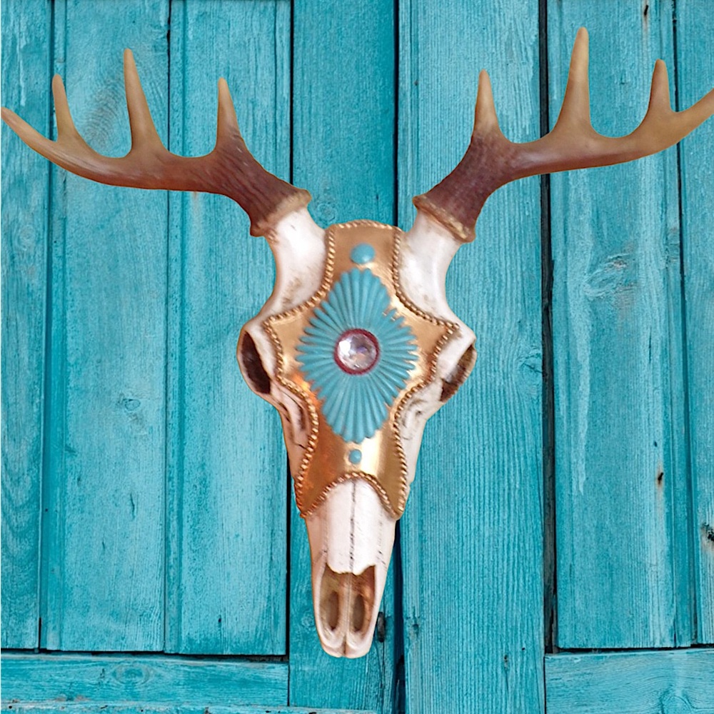 Vintage Southwestern Americana Deer Skull Turquoise Blue Gold White Wall Accent